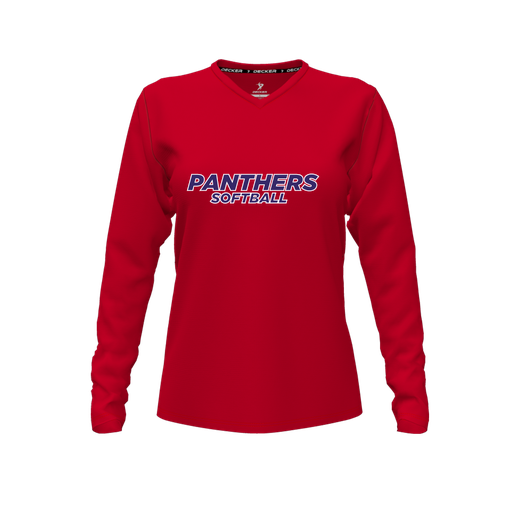 [CUS-DFW-TEES-CMF-VNK-LSL-RED-FYXS-LOGO1] Decker Comfort T-Shirt (Female Youth XS, Red, V Neck, Logo 1, Long Sleeve)