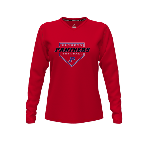[CUS-DFW-TEES-PER-VNK-LSL-RED-FYXS-LOGO2] Decker Performance T-Shirt (Female Youth XS, Red, V Neck, Logo 2, Long Sleeve)